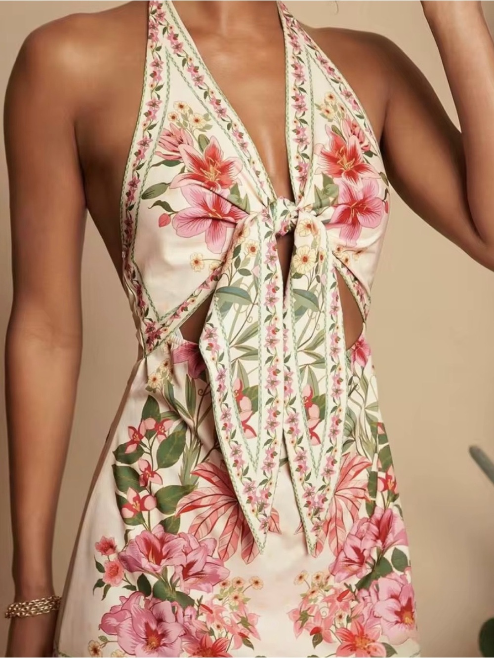 Floral Halter Tie-Front Dress in Cream & Pink size medium - Picture 3 of 4